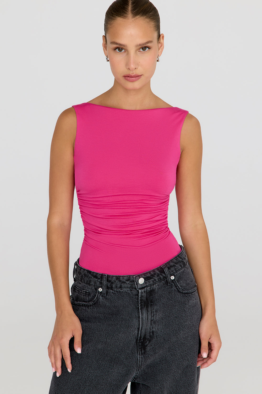 365 RUCHED SIDE OPEN BACK TOP HOT PINK TALA