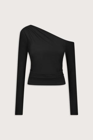 365 Asymmetric Ruched Long Sleeve Top - Black