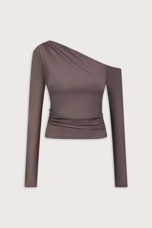 365 Asymmetric Ruched Long Sleeve Top - Mocha Brown