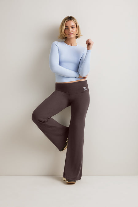 365  Sculpting Lounge Fold Waist Logo Flared Trousers - Espresso