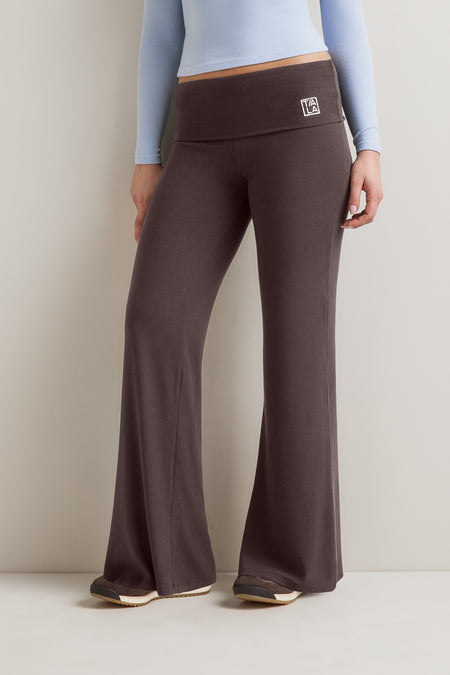 365  Sculpting Lounge Fold Waist Logo Flared Trousers - Espresso