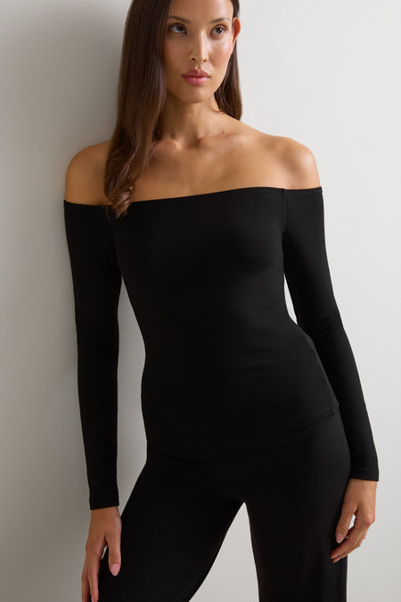 365 Rib Off Shoulder Top - Black