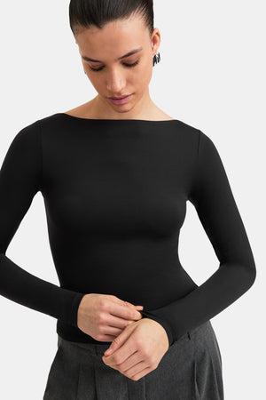 365 Boat Neck Long Sleeve Top - Shadow Black