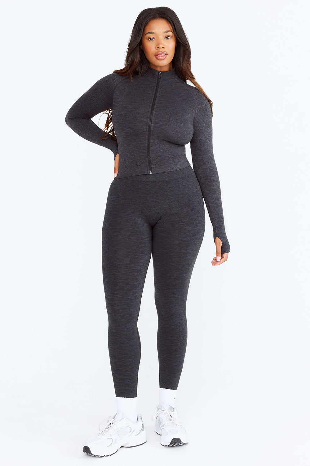 SCULPT SEAMLESS MOCK NECK ZIP THROUGH JACKET-  OYSTER BLACK MARL
