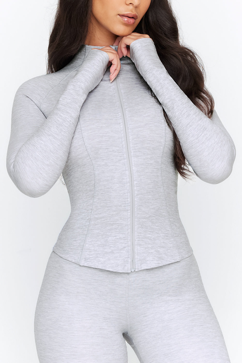 SCULPT SEAMLESS RIBBED ZIP THROUGH JACKET- LIGHT GREY MARL – TALA