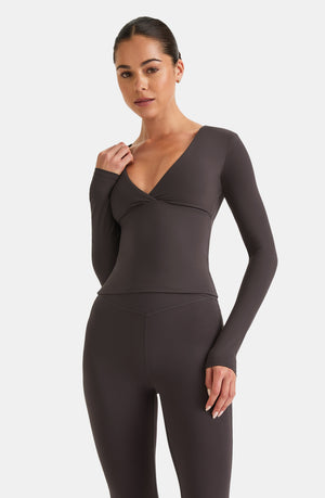 DAYFLEX BUILT-IN SUPPORT V NECK LONG SLEEVE TOP - COOL ESPRESSO