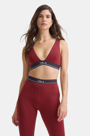 DAYFLEX V NECK LOGO BAND SPORTS BRA - VINTAGE RED