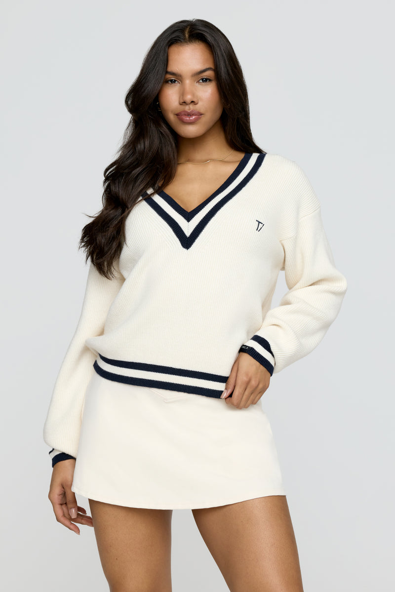 V Neck Knitted Cricket Sweater - Milk And Navy