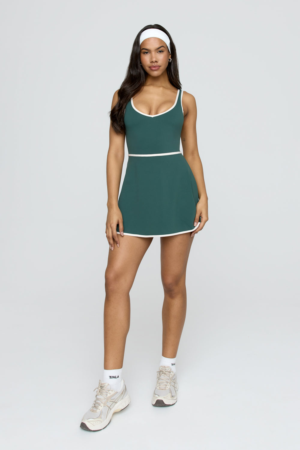 DayFlex Built-In Support V Neck Tennis Dress - Hunter Green And Buttermilk