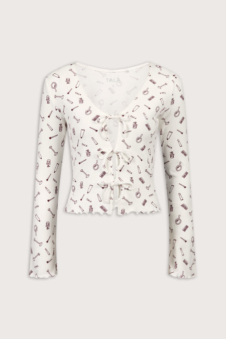 Tie Up Pyjama Cardigan - Ivory 'Wake Up' Print