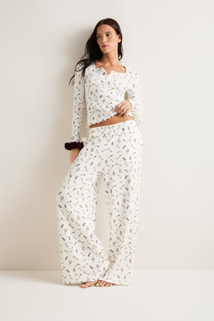 Henley Pyjama Top - Ivory 'Wake Up' Print