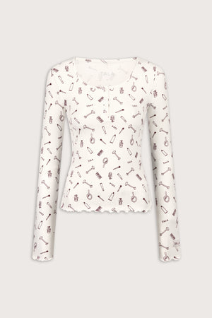 Henley Pyjama Top - Ivory 'Wake Up' Print