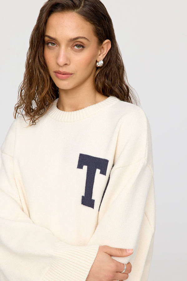 T LOGO KNIT SWEATER - MILK AND CHARCOAL
