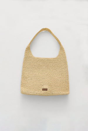 Embossed Logo Raffia Shoulder Bag - Natural