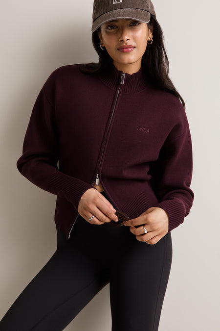 Zip Through Knit Cardigan - Deep Burgundy