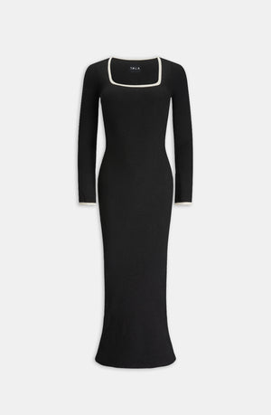 LONG SLEEVE CONTRAST RIBBED KNIT MAXI DRESS - BLACK AND BUTTERMILK