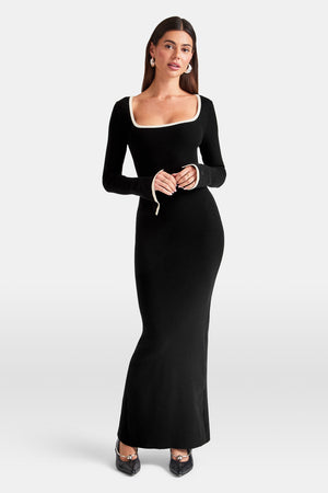 Long Sleeve Contrast Ribbed Knit Maxi Dress - Black And Buttermilk