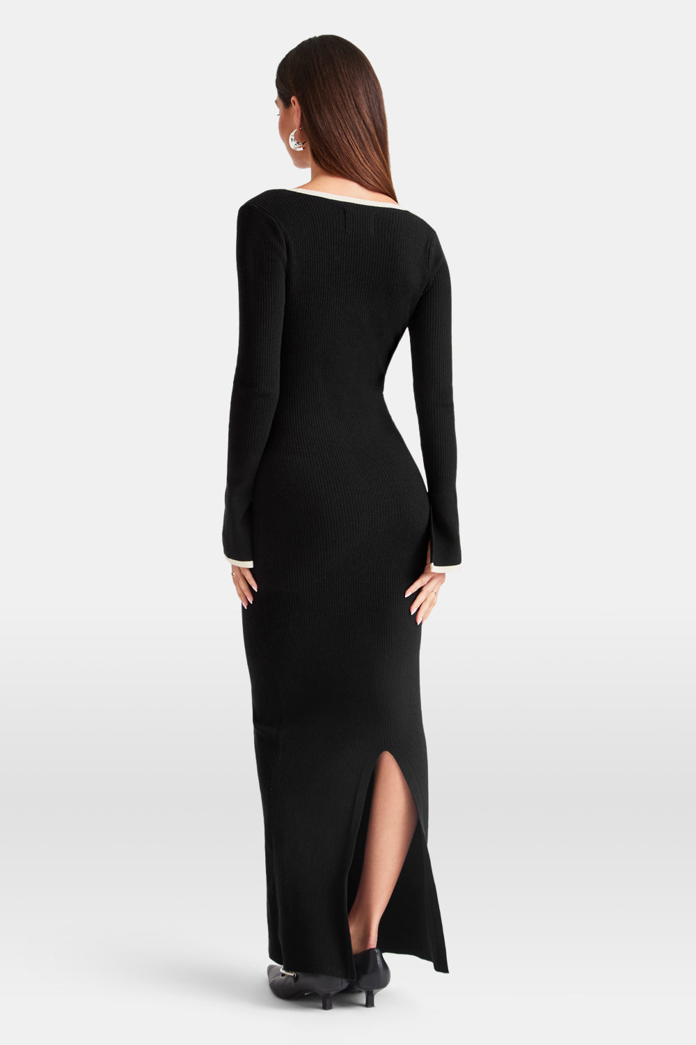 LONG SLEEVE CONTRAST RIBBED KNIT MAXI DRESS - BLACK AND BUTTERMILK