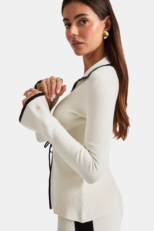Slim Fit Long Sleeve Ribbed Knit Tie Top - Buttermilk And Black