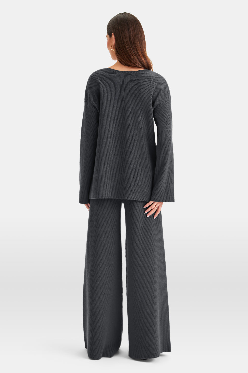 LOOSE FIT RIBBED KNIT V NECK SWEATER - CHARCOAL