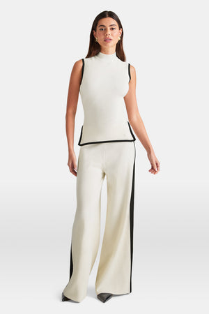 Sleeveless Mock Neck Ribbed Knit Tank - Buttermilk And Black