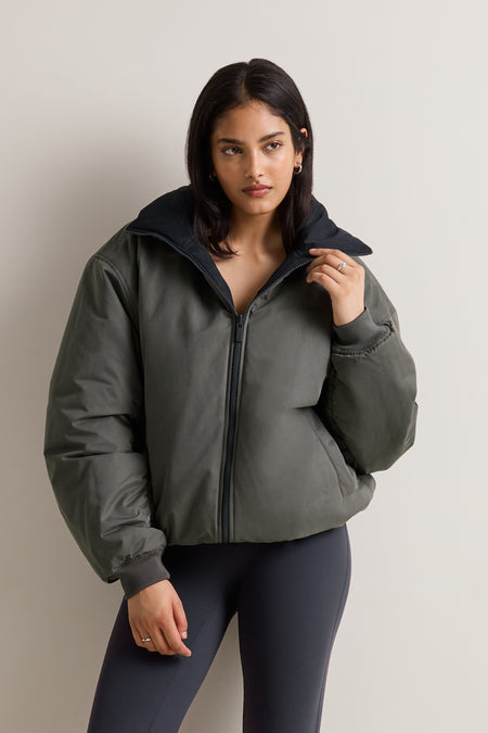 Funnel Neck Reversible Bomber - Black & Dark Olive