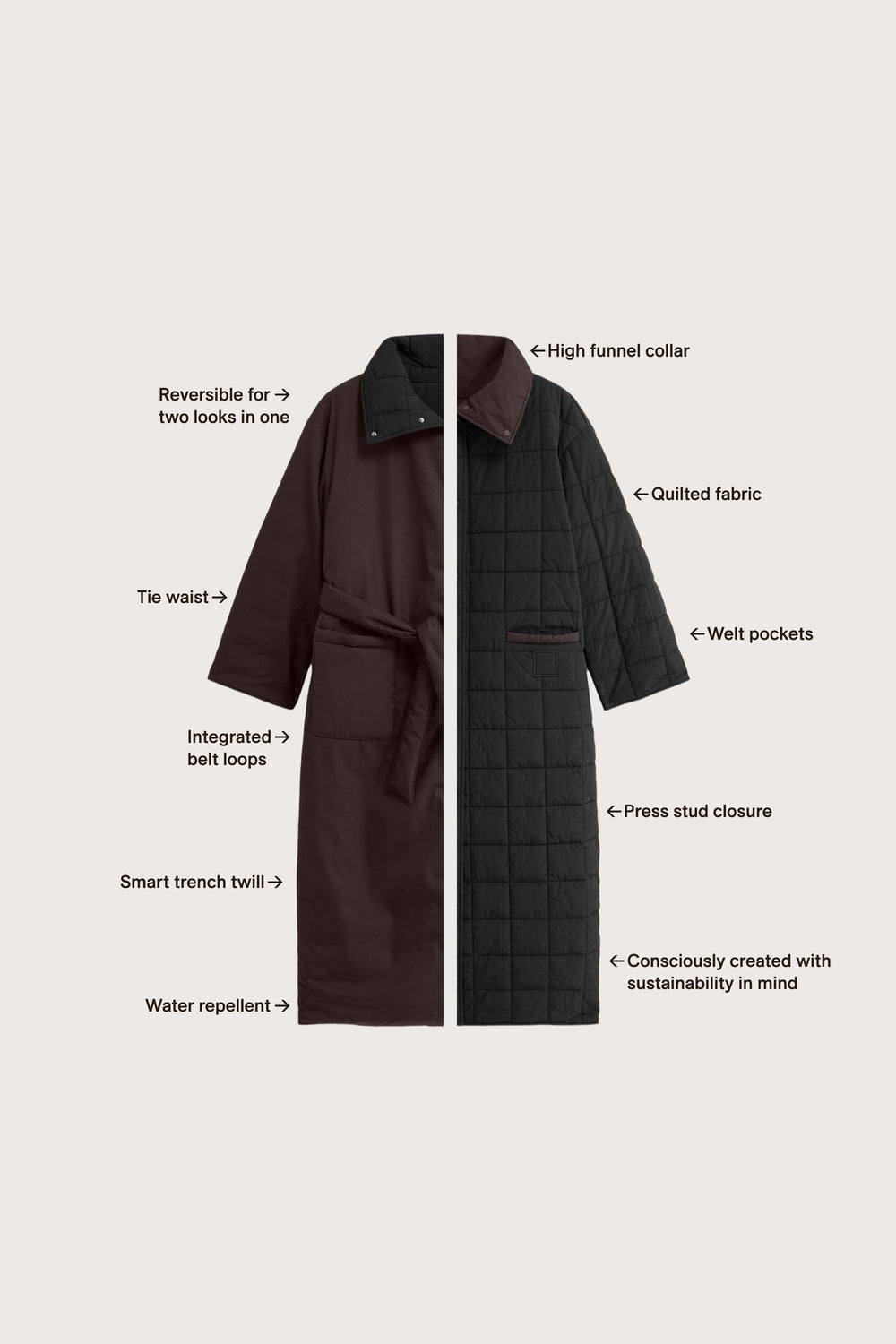 Reversible Tie Waist Padded Coat - Black & Americano