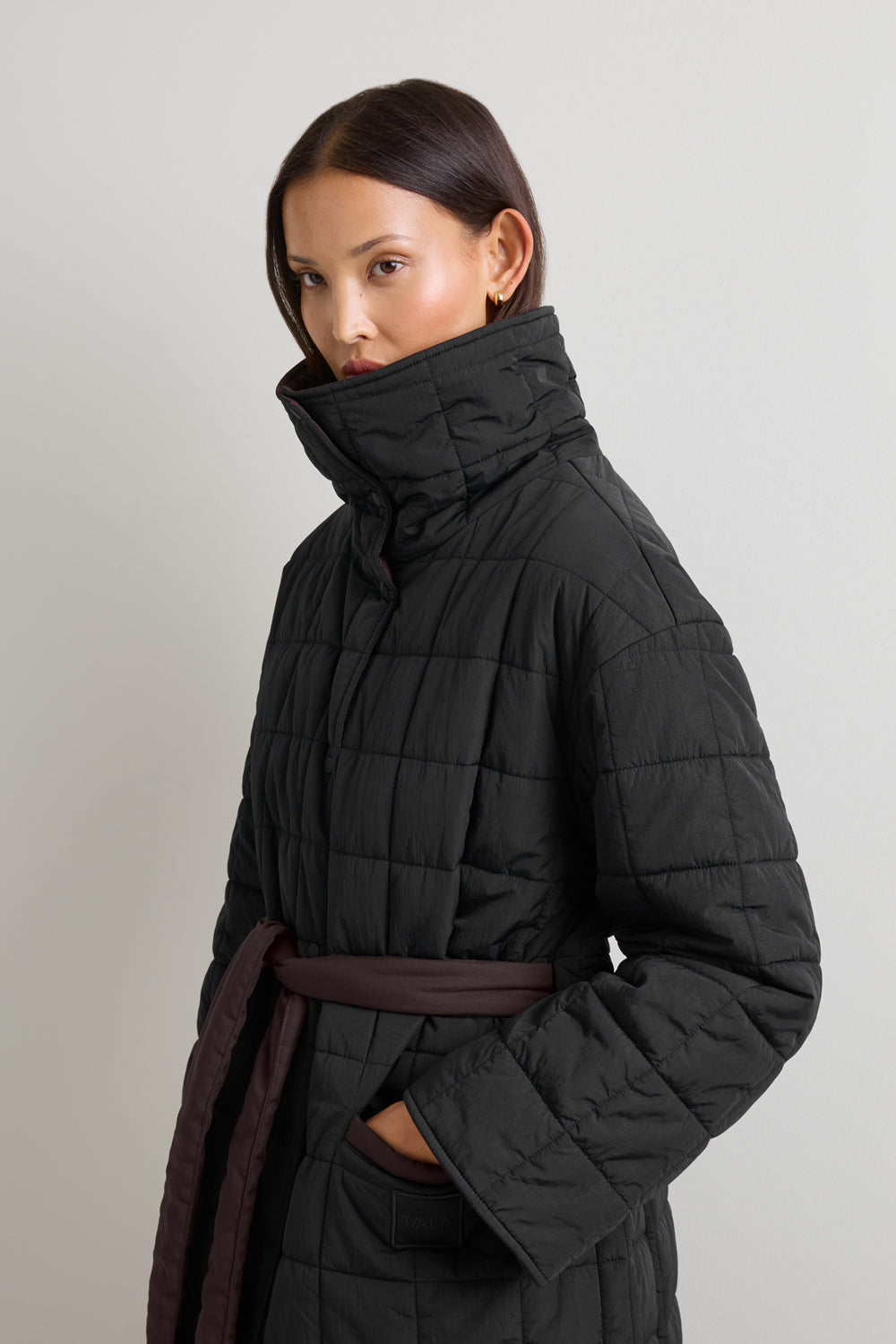Reversible Tie Waist Padded Coat - Black & Americano