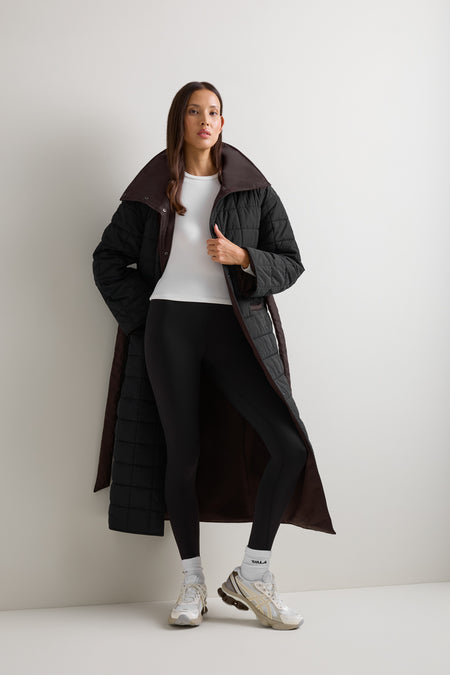 Reversible Tie Waist Padded Coat - Black & Americano