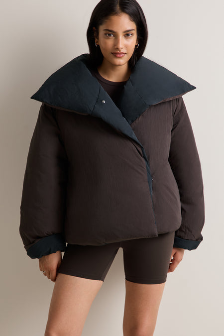 Reversible Wrap Puffer Jacket - Black & Americano