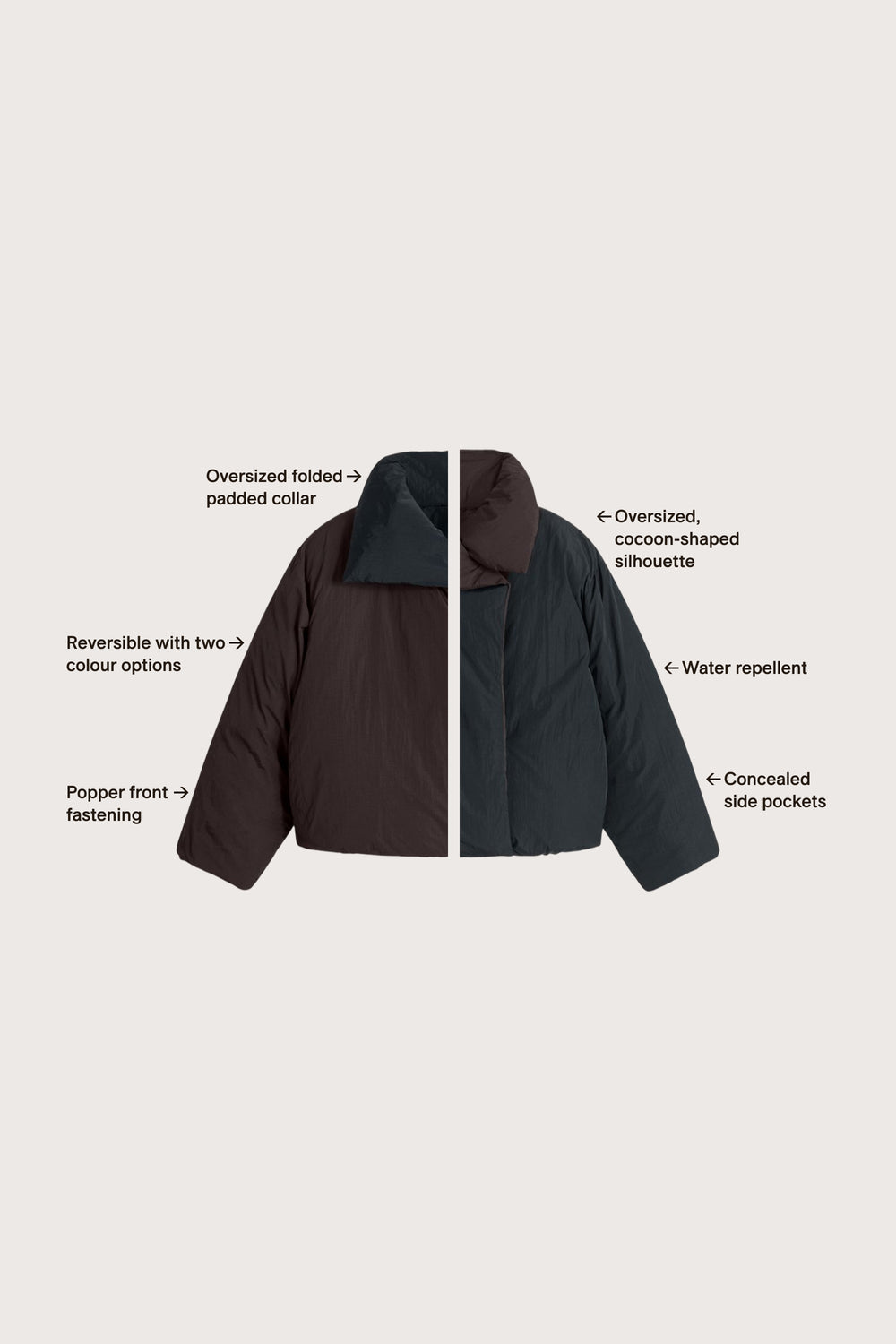 Reversible Wrap Puffer Jacket - Black & Americano