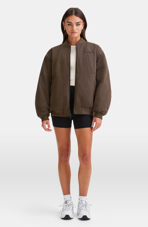 REVERSIBLE OVERSIZED BOMBER JACKET - BLACK AND ESPRESSO