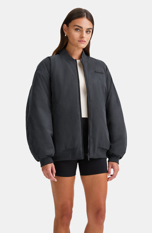 REVERSIBLE OVERSIZED BOMBER JACKET - BLACK AND ESPRESSO