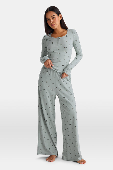 Wide Leg Pyjama Bottoms - Sage Woodland Print