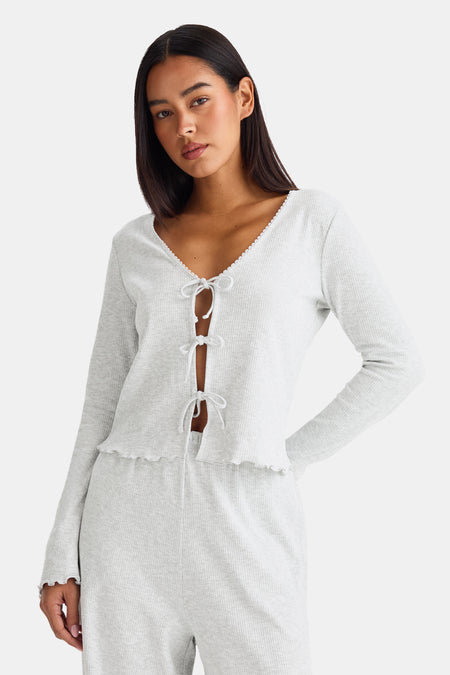 Tie Up Pyjama Cardigan - Grey Marl