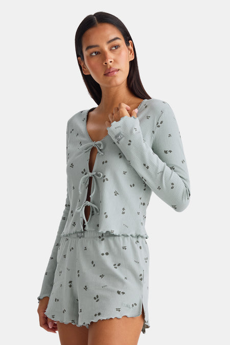Tie Up Pyjama Cardigan - Sage Woodland Print
