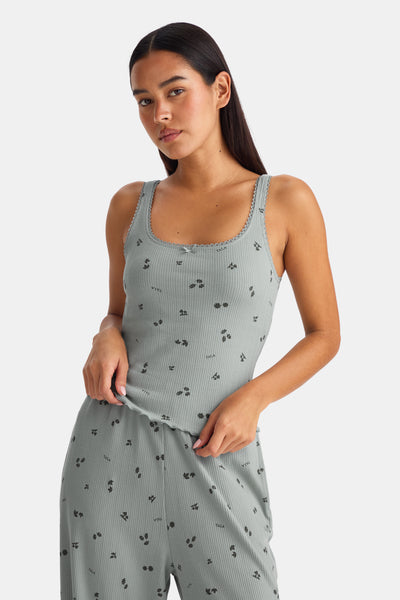 Built In Bra Pyjama Vest Sage Woodland Print