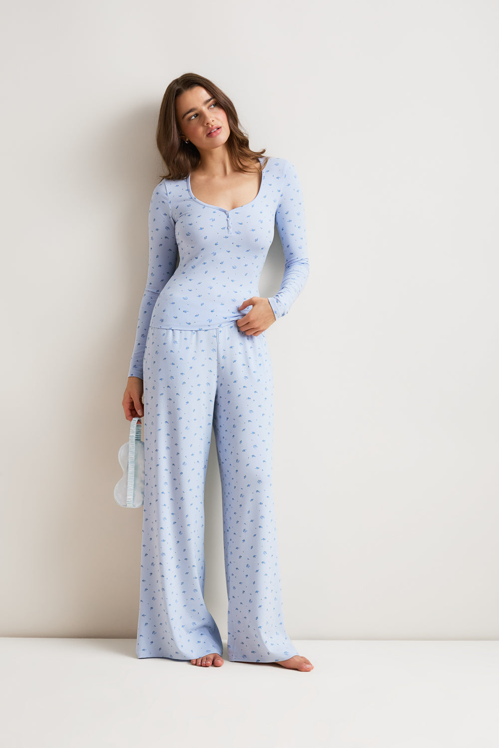 Sweetheart Long Sleeve Pyjama Top - Baby Blue Floral Print