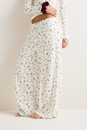Wide Leg Pyjama Bottoms - Ivory 'Wake Up' Print