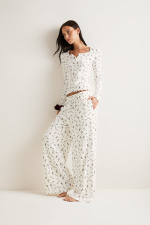 Wide Leg Pyjama Bottoms - Ivory 'Wake Up' Print