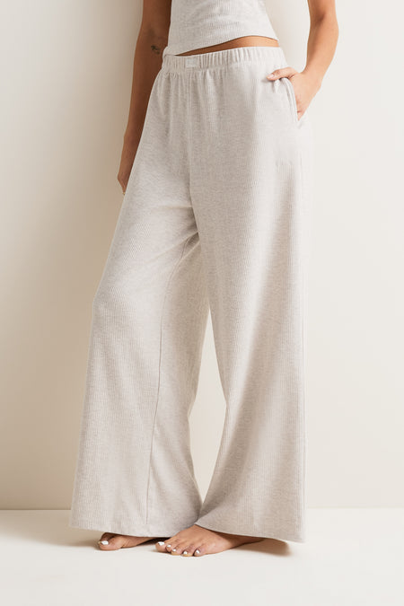 High-Rise Wide Leg Pyjama Bottoms - Oat Marl
