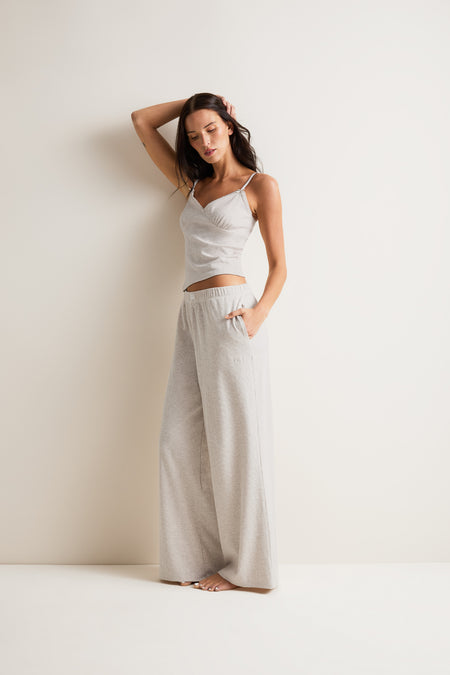 High-Rise Wide Leg Pyjama Bottoms - Oat Marl