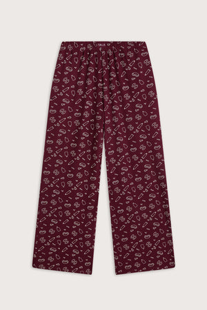 Wide Leg Pyjama Bottoms - Burgundy 'Wind Down' Print