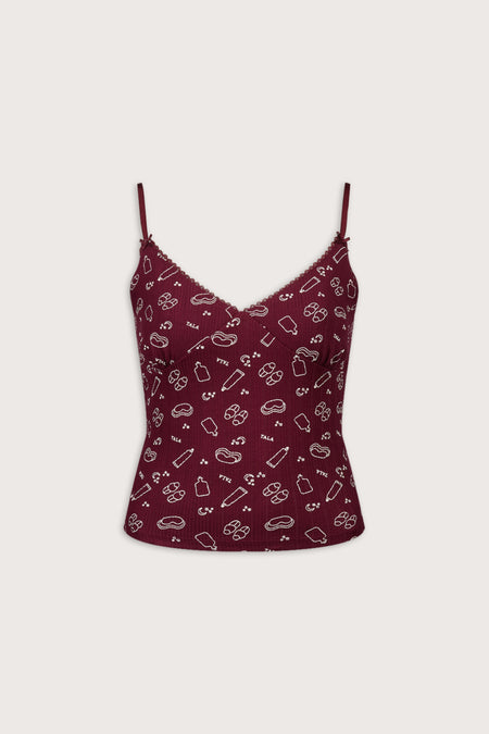 Cami Pyjama Vest - Burgundy 'Wind Down' Print