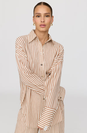 THE ESSENTIAL LINEN SHIRT - TAUPE STRIPE