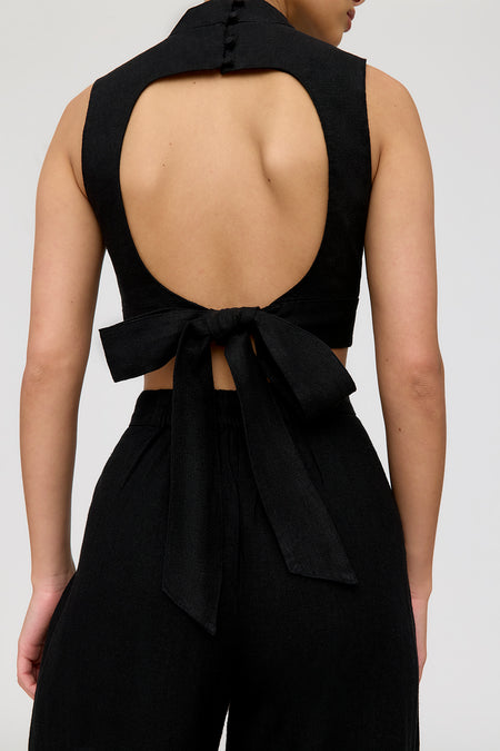 Monaco Linen Blend Mock Neck Tie Back Crop Top - Shadow Black