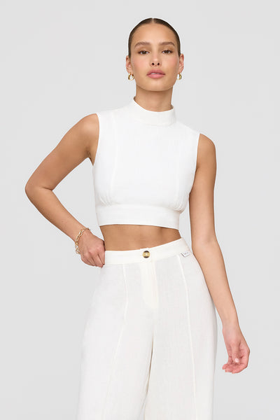 Monaco Linen Blend Mock Neck Tie Back Crop Top - Coconut Milk – TALA