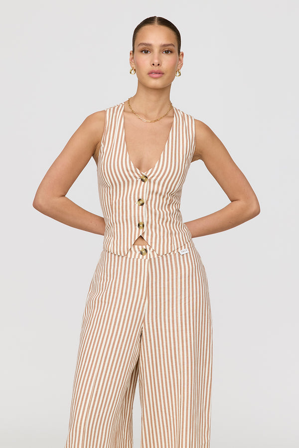 CYPRUS LINEN BLEND TAILORED WAISTCOAT - TAUPE STRIPE