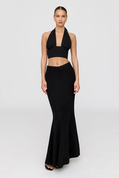 Milos Linen Blend V Waist Maxi Skirt - Shadow Black