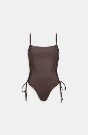 RUCHED ADJUSTABLE TIE SIDE SHAPING SWIMSUIT - ESPRESSO